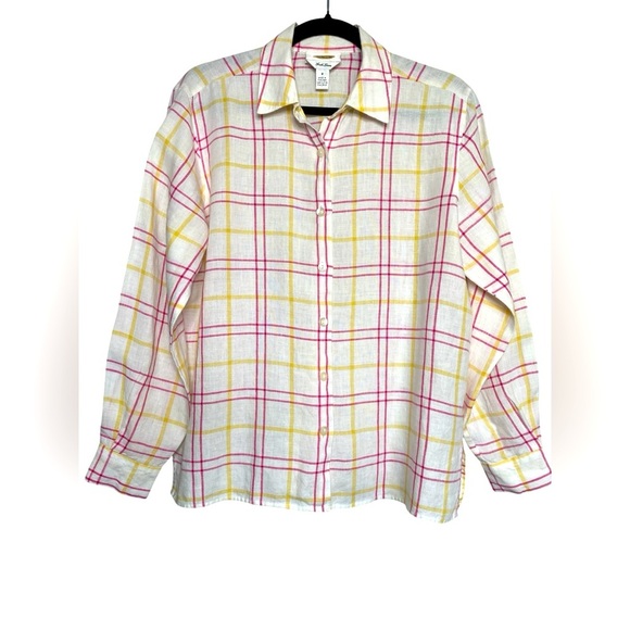 Vintage Talbots Irish LINEN button down pastel pink/yellow plaid flowy shirt SZ8 - Picture 1 of 10